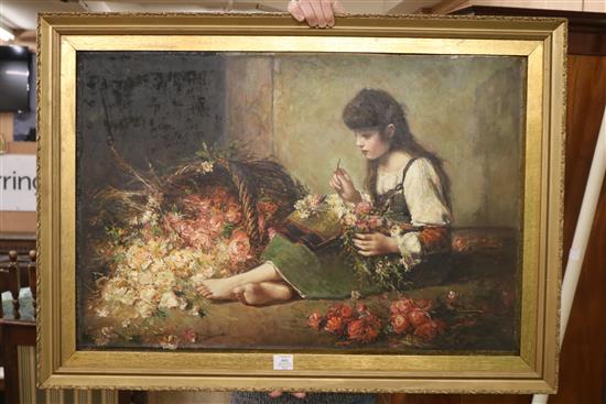 Shelton (20th century), oil on board, study of a young girl, seated with flowers, signed 62 x 91cm